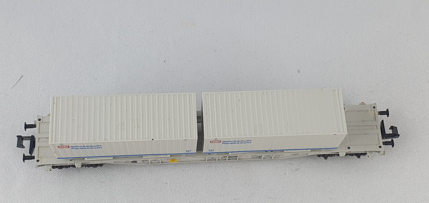 Minitrix 13823 Container-Tragwagen, mit 2 20´ Containern ´DB Sückfracht Partiefracht´ OVP (DG861)