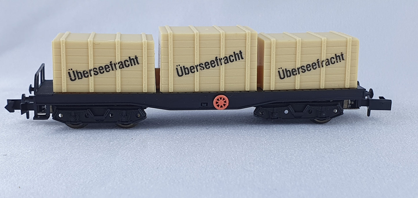 Arnold 5916 DB flat wagon load 3 boxes ´overseas freight´ OVP (CWG24) 
