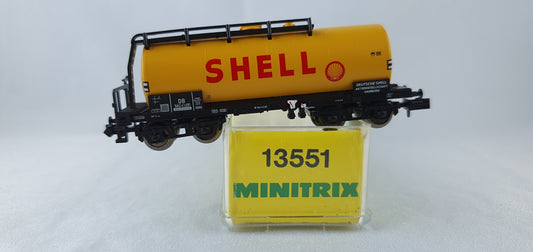 Wagon-citerne DB Minitrix 13551, 4 essieux, jaune, emballage d'origine « Shell » (PL9) 
