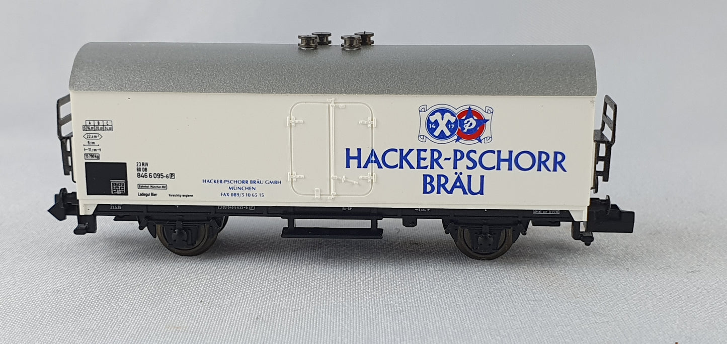 Minitrix 13961 DB Kühlwagen (Bierwagen) ´HACKER-PSCHORR BRÄU´OVP (DG835)
