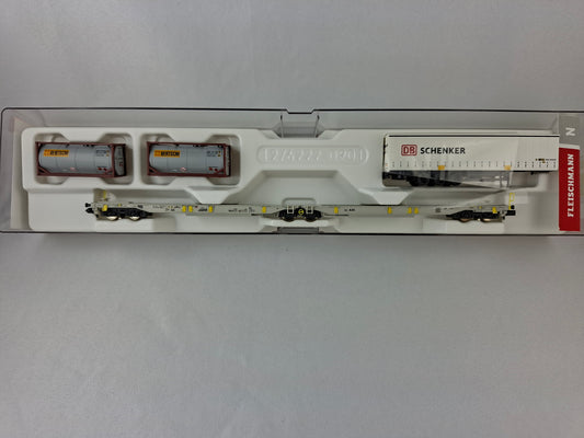 Fleischmann 825004 AAEC Gelenk-Taschenwagen DB SCHENKER´ und zwei Tankcontainern "BERTSCHI" OVP (EOW30)