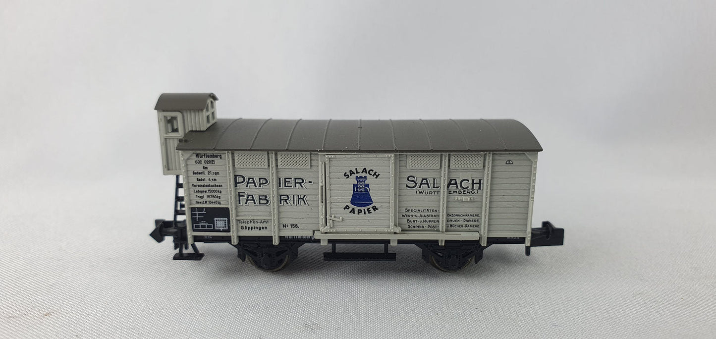 Minitrix 15960 K.W.ST.E ged. Güterwagen mit Brhs "Papierfabrik Salach" Clubwagen 2020 OVP (DG756)