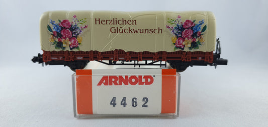 Arnold 4462 DB Flatcar with Tarpaulin "Congratulations" Original Packaging (DG616)