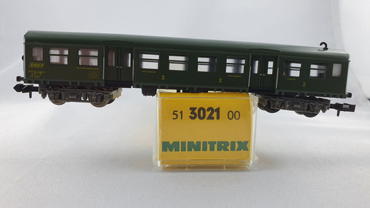 Voiture voyageurs SNCF Minitrix 51 3021 00 avec compartiment à bagages, emballage d'origine (DP195) 