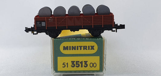 Minitrix 51 3513 00 DB off. Güterwagen mit 5 Fässer grau OVP (E5951)
