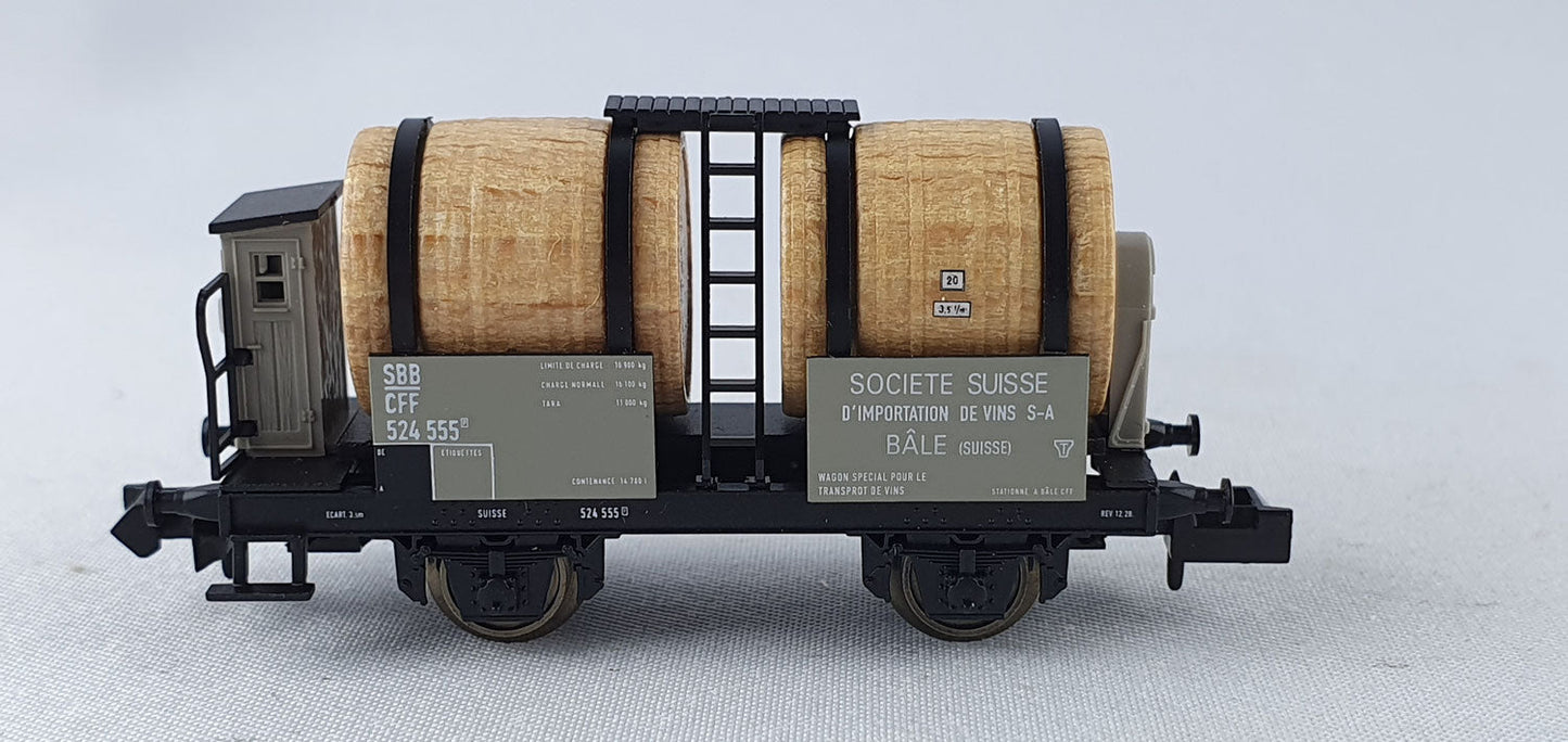 Minitrix 15600 SBB Wein-Transportwagen mit 2 Echtholzfässern und Brh OVP (DG529)