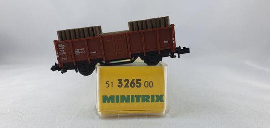 Minitrix 51 3265 00 DB off. Güterwagen beladen mit Grubenholz OVP (WG17)