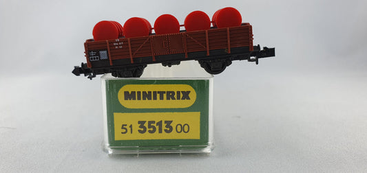 Minitrix 51 3513 00 DB off. Güterwagen mit 5 Fässer rot OVP (WG12)