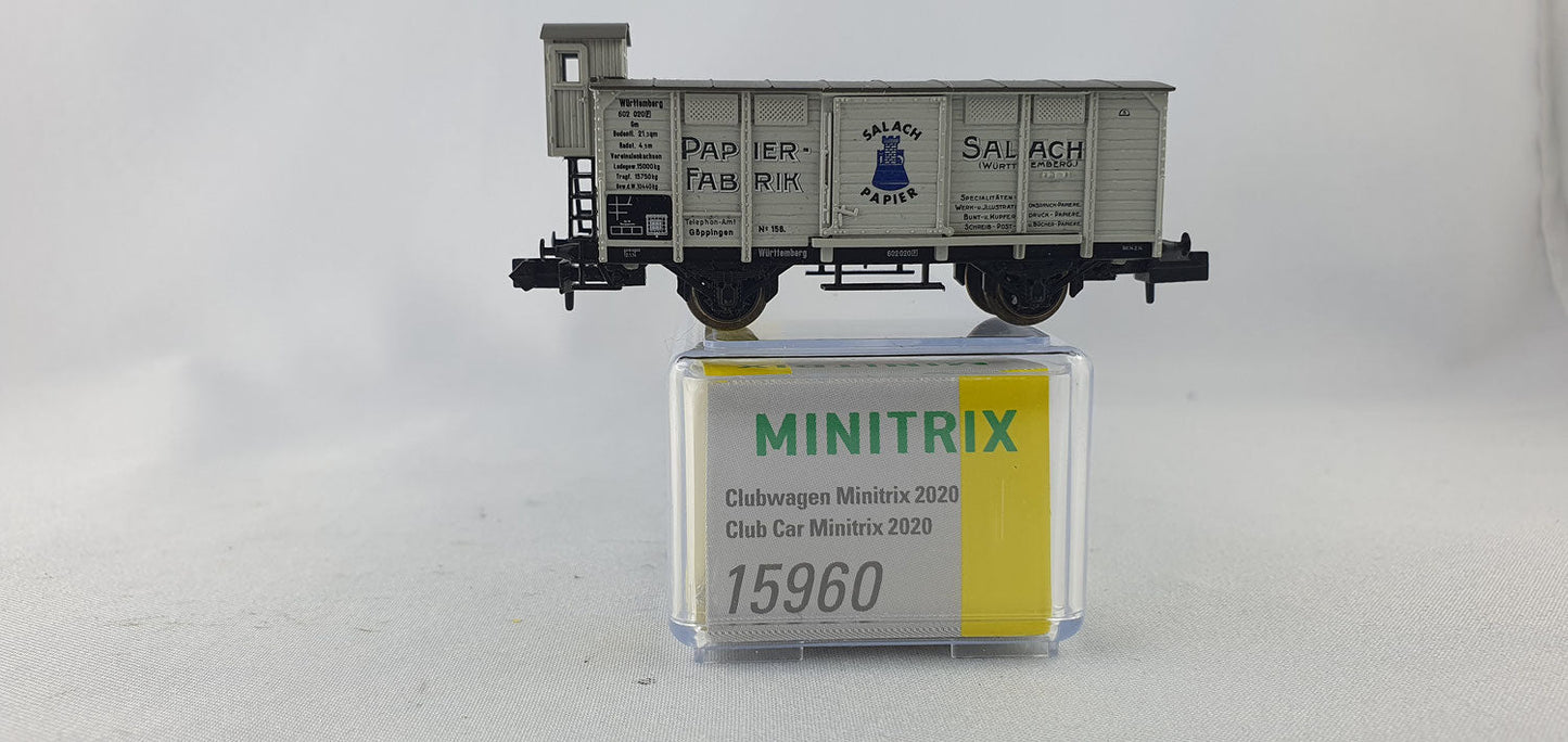 Minitrix 15960 K.W.ST.E ged. Güterwagen mit Brhs "Papierfabrik Salach" Clubwagen 2020 OVP (DG756)