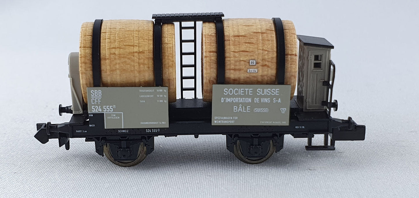 Minitrix 15600 SBB Wein-Transportwagen mit 2 Echtholzfässern und Brh OVP (DG529)