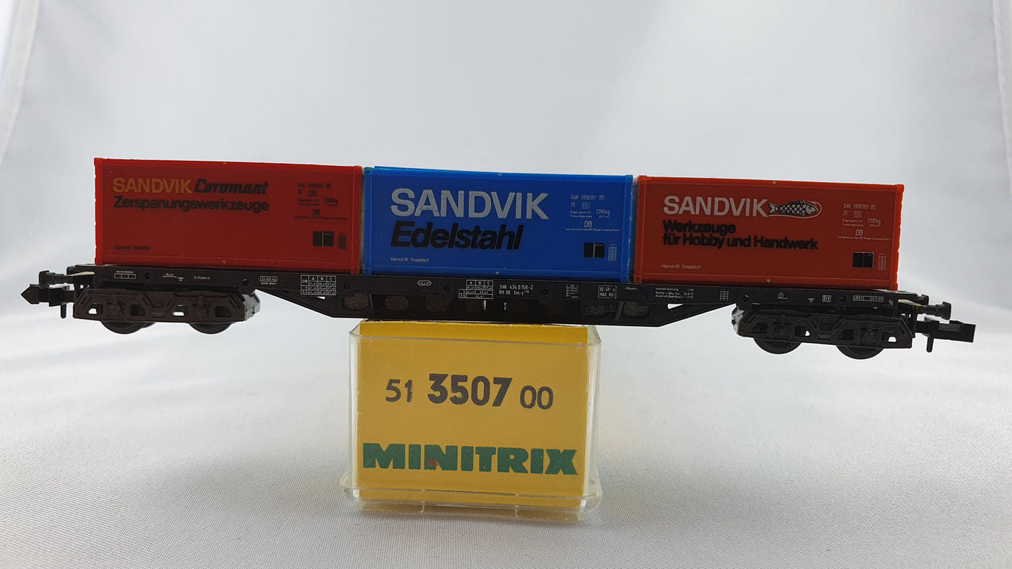 Minitrix 51 3507 00 DB Container Tragewagen "Sandvik" OVP (DG119)