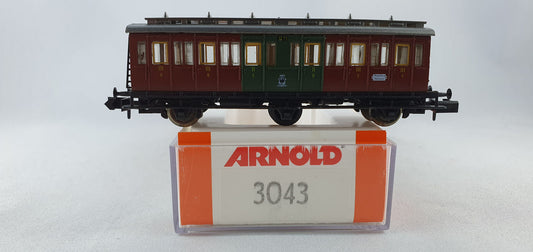 Arnold 3043 KPEV 2nd/3rd class compartment car, brown/green, 3-axle, original packaging (DP361) 