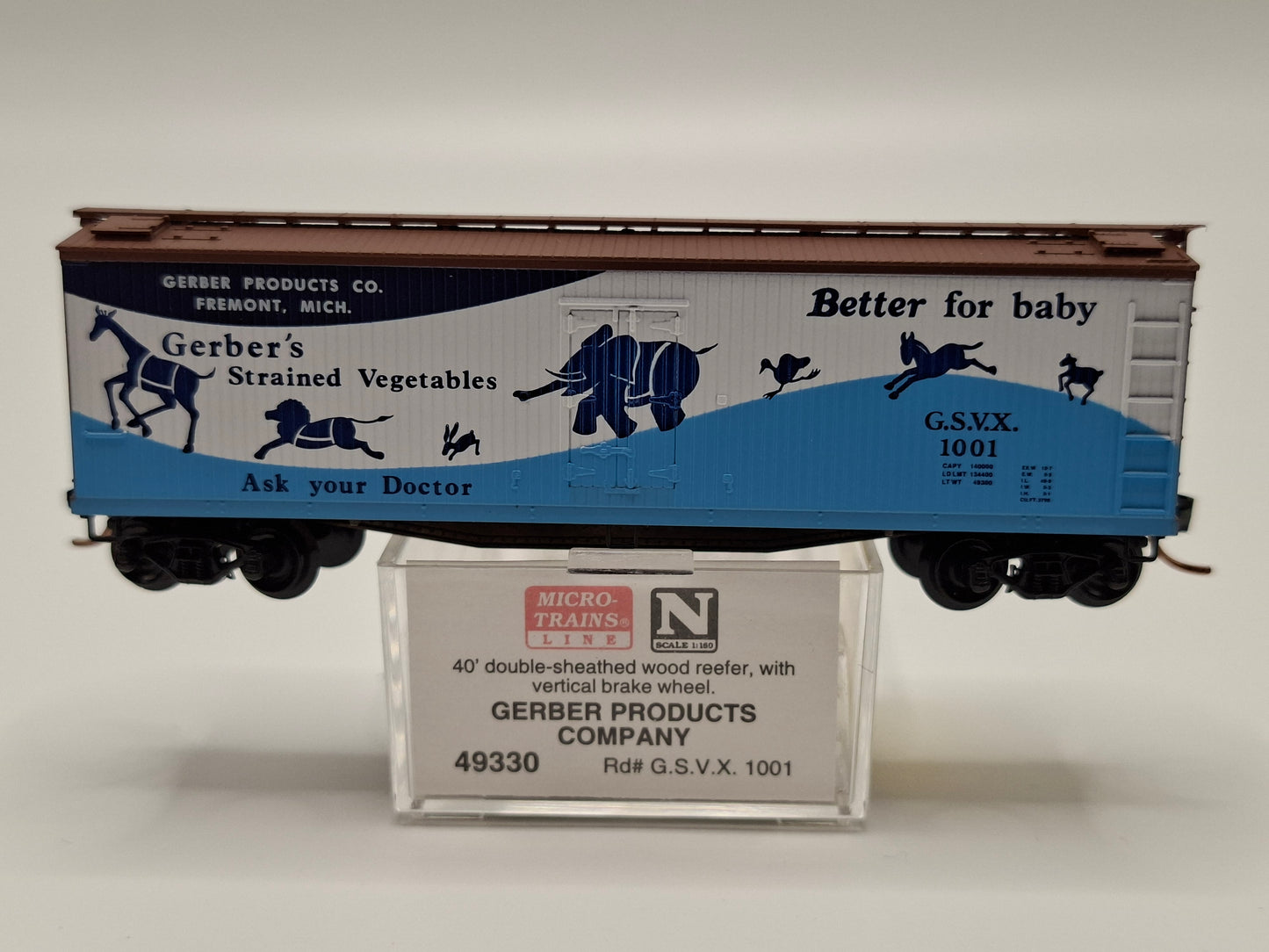 Micro Trains 49330 GSVX Kühlwagen Holz 40 Fuss "Better for baby" OVP (E US93)